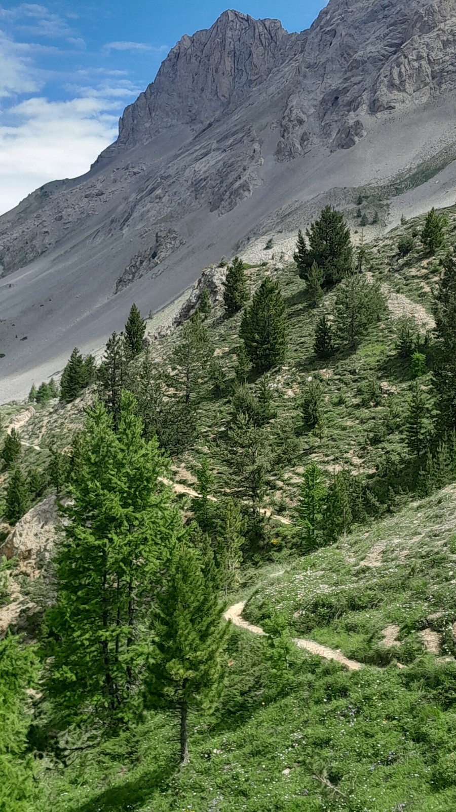 petit sentier à flanc de montagne parfois bien étroit, bien raide et bien caillouteux 