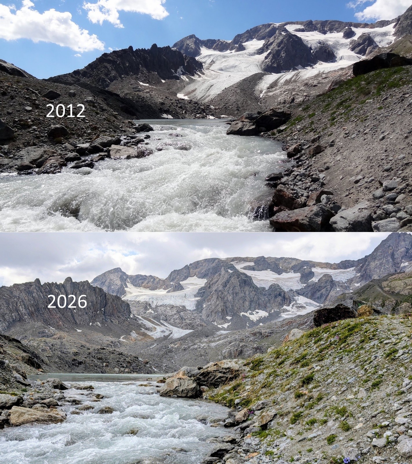 Une des motivations de la sortie, aller témoigner du changement climatique et de l'impact rapide sur nos glacier... Quelle misère 😢