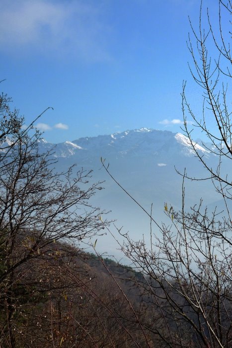 Belledone : Une légère brume nappe la vallée et nous laisse entrevoir les montagnes d'en face. Il manque de la neige...