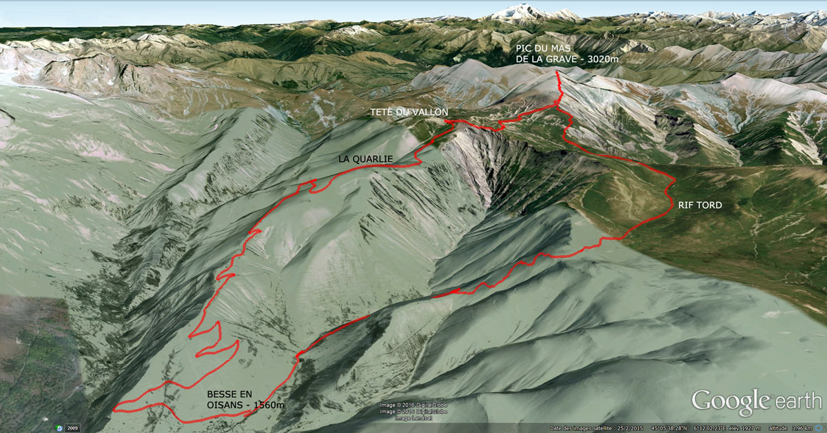 Itinéraire GoogleEarth avec Variante 1 (la Quarlie) et le sommet du Pic du Mas de la Grave